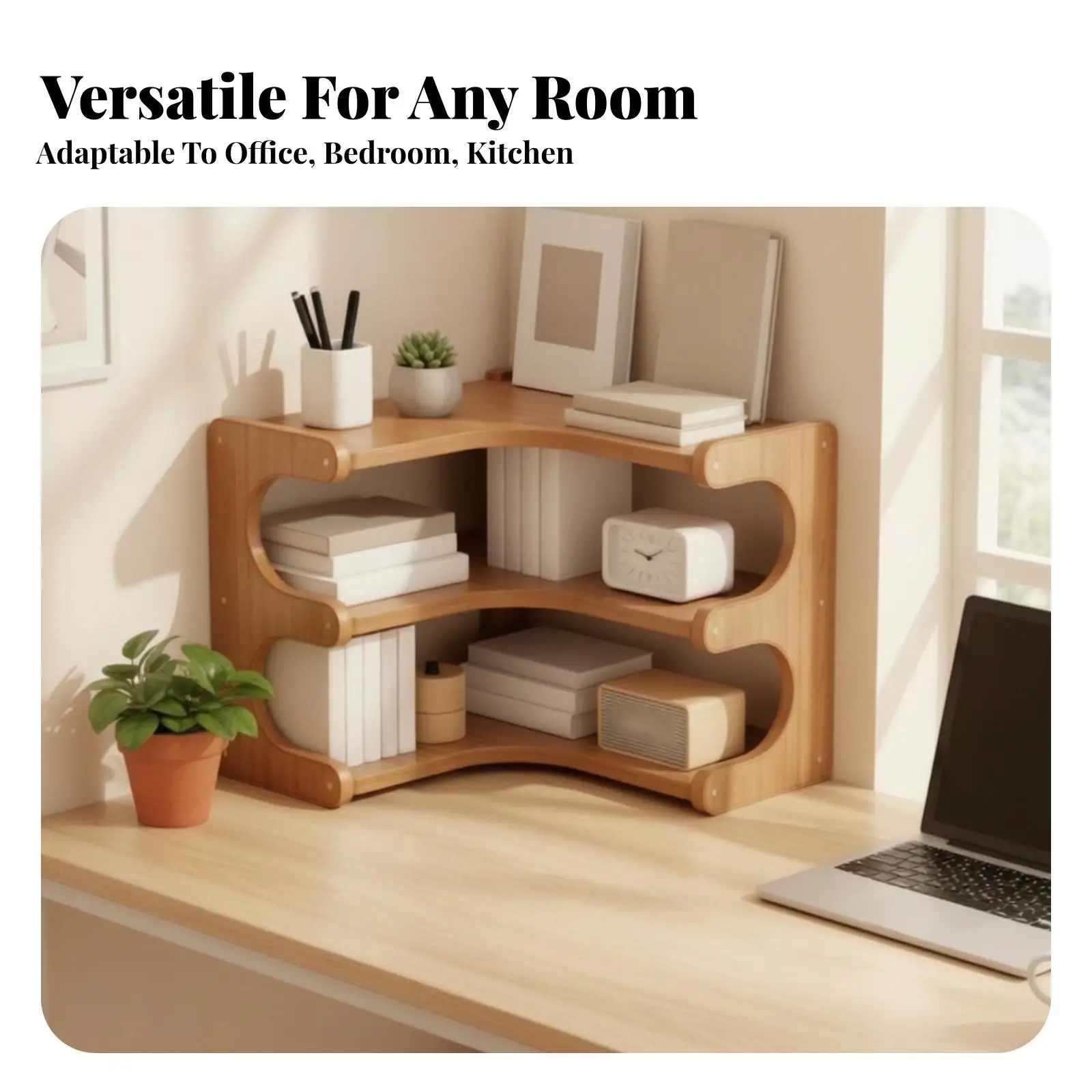 Solid Wood Corner Shelf for Desk Storage Space Saving Rack Organizer with Open Shelves for Home Office