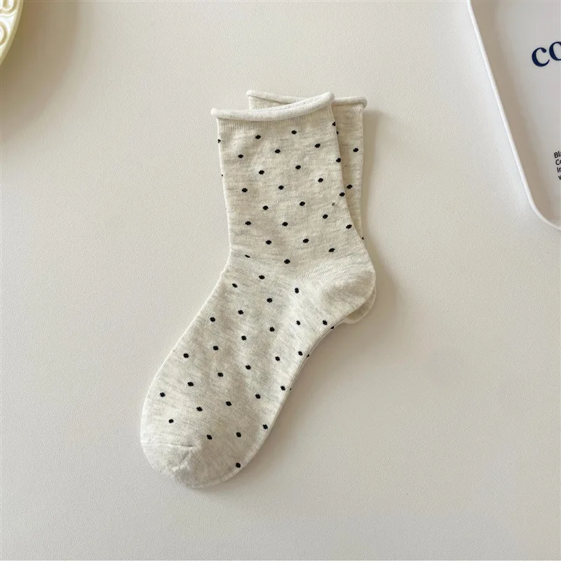 5/10 Paar Damen-Socken mit gerolltem Rand, gepunktet, mittlere Röhre, Frühling und Sommer, schweißabsorbierend, atmungsaktiv, süß, einfacher Stil, lässige Socken – Detail 19