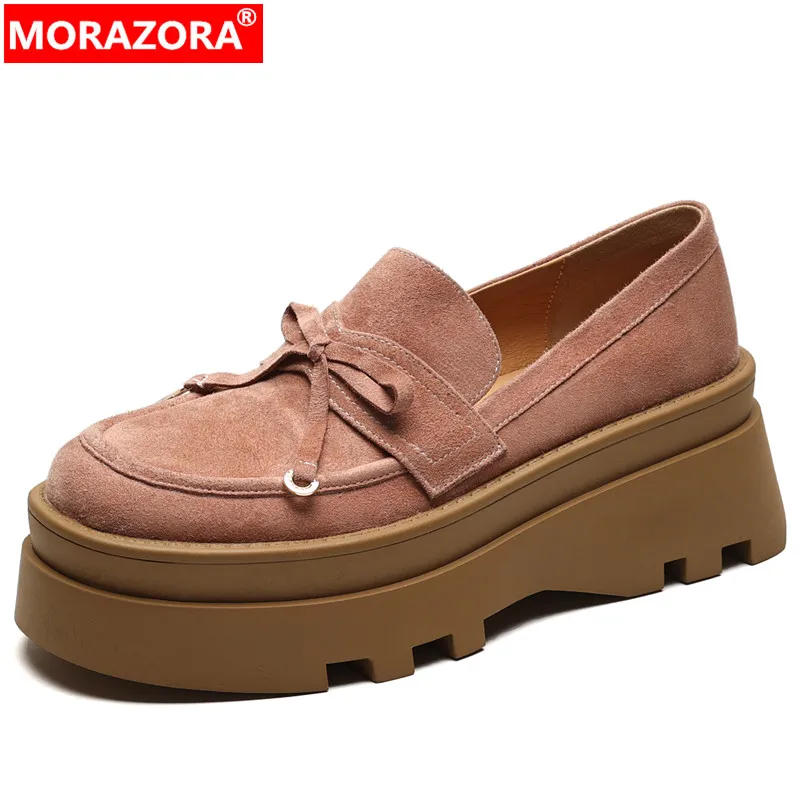 

MORAZORA 2024 New Butterfly Knot Kid Suede Platform Shoes Woman Loafers Retro Ladies Dress Shoes Slip On Chunky Single Shoes