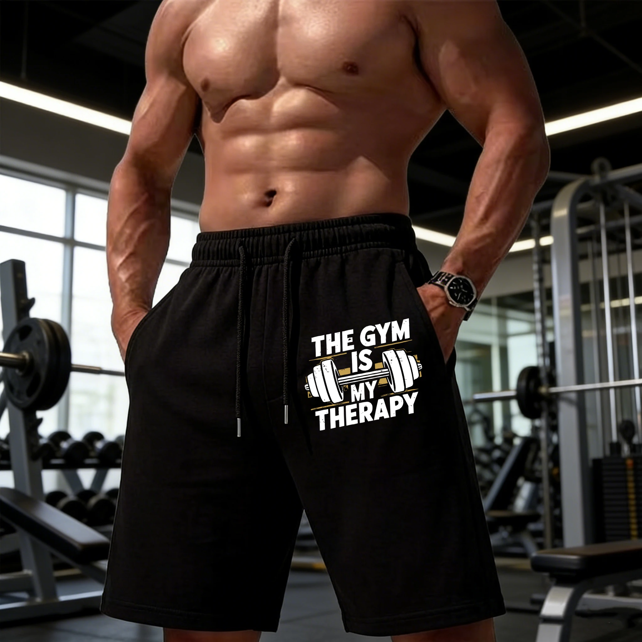 

The Gym Is My Therapy Printing Drawstring Jogging Shorts Male Summer Loose Pocket Swimming Trunks Beach Sport Comfy Clothing