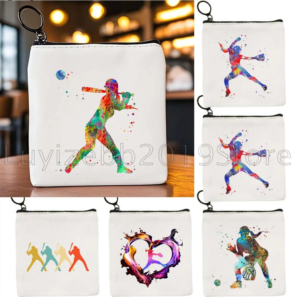 

Girl Softball Player Watercolor Painting Art Gifts Canvas Coin Purse Small Square Bag Key Storage Card Bags Wallet Zipper Pouch
