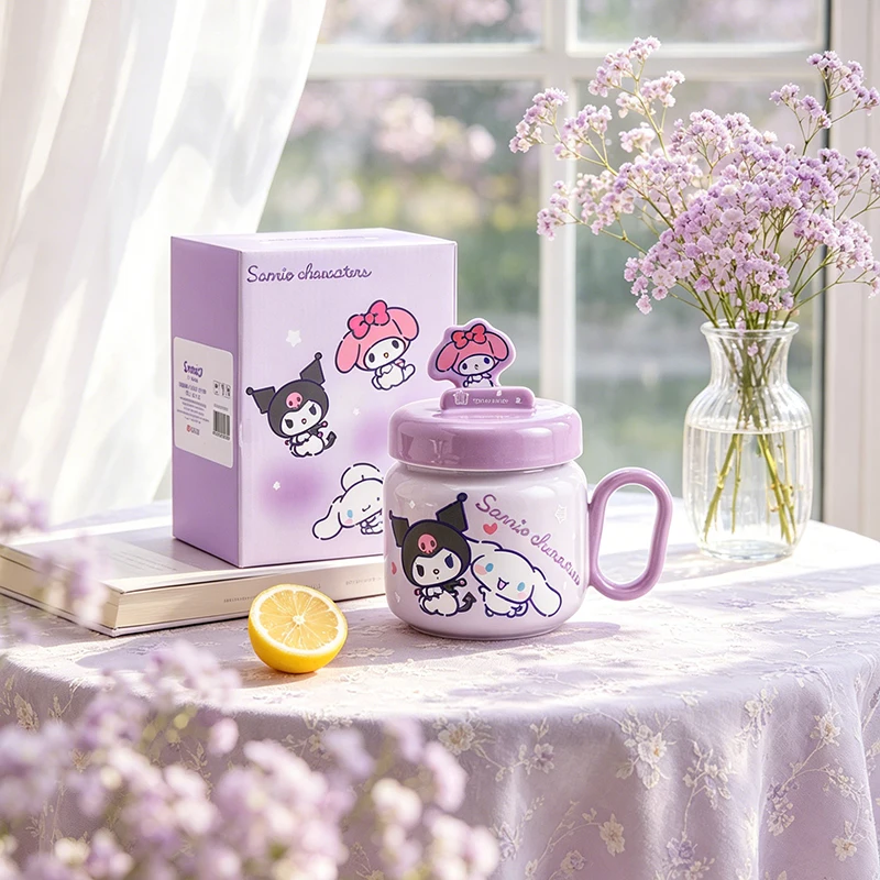 450Ml Kawaii Box Set Sanrio Cartoon Hello Kitty My Melody Cinnamoroll Kuromi Ceramic Mug Cover As Stand Milk Cup Kid Pretty Gift