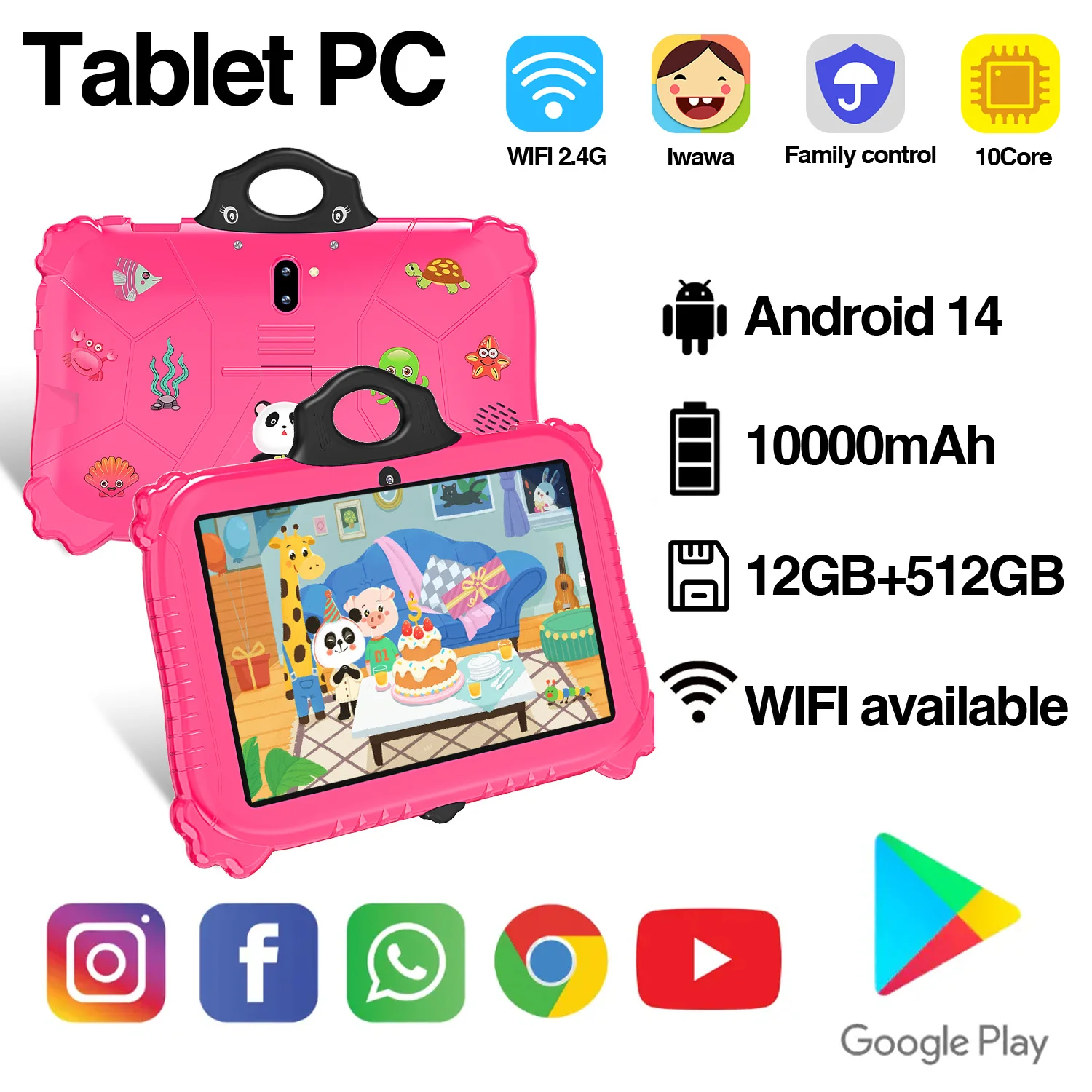 

2024 New Android14 10.1inch Tablet 12GB RAM 512GB ROM 10000mAh Bluetooth5.0 5G WIFI Full Screen Laptop Silicone Protection Strip