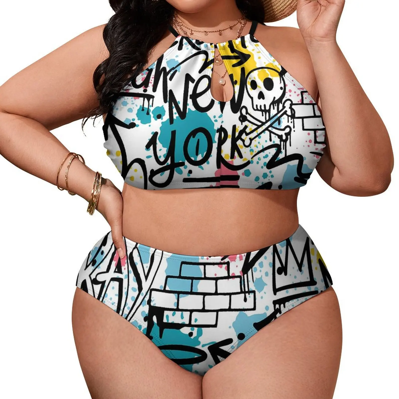 Graffiti Print Bikini Swimsuit Sexy New York Swimwear Female Push Up Bikinis Set Two-Piece Feminine Bikinis Biquinis Plus Size