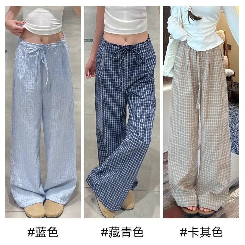 Blue Casual Plaid Pants Women's Summer New High-waisted and Thin Design Loose Drape Wide-leg Pants