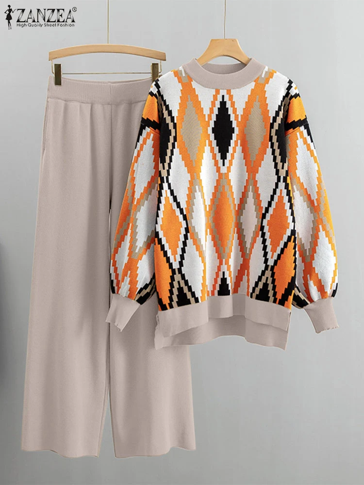 

2025 Spring Geometric Print Tops Wide Leg Pants Sets Casual ZANZEA Women Loose Fit Outfits Oversize Two Piece Matching Suits