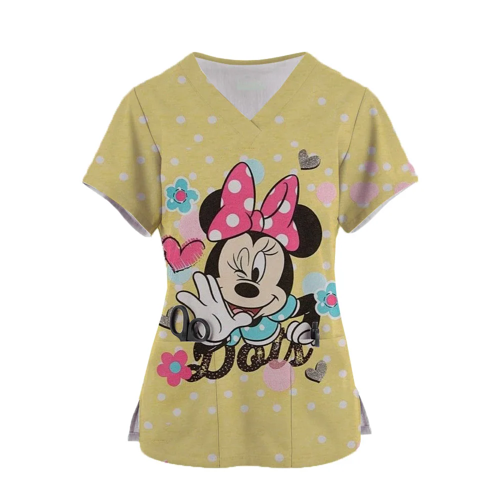 

Women Nursing Clothing Disney Minnie Mickey Print Nursing Scrubs T-Shirt Tops Casual Short Sleeve V-neck Pocket Women Uniform