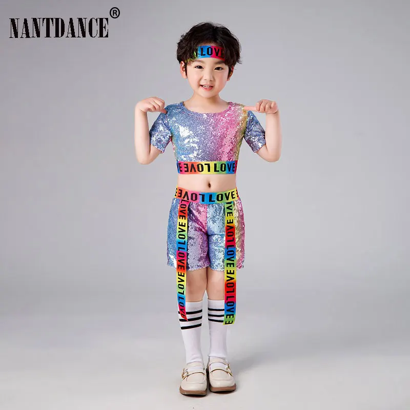 Mädchen Hip-Hop Jazz Dance Kostüm Straße Moderne Ballsaal Dancewear Kinder Kind Tanzen Kleidung Set Pailletten Crop Top mit Shorts