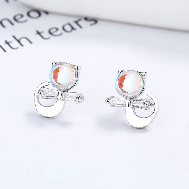 RYJU 925 Sterling Silver Moonlight Stone Cat Stud Earrings for Women Sweet Little Animal Party Jewelry Personality Girls Gift