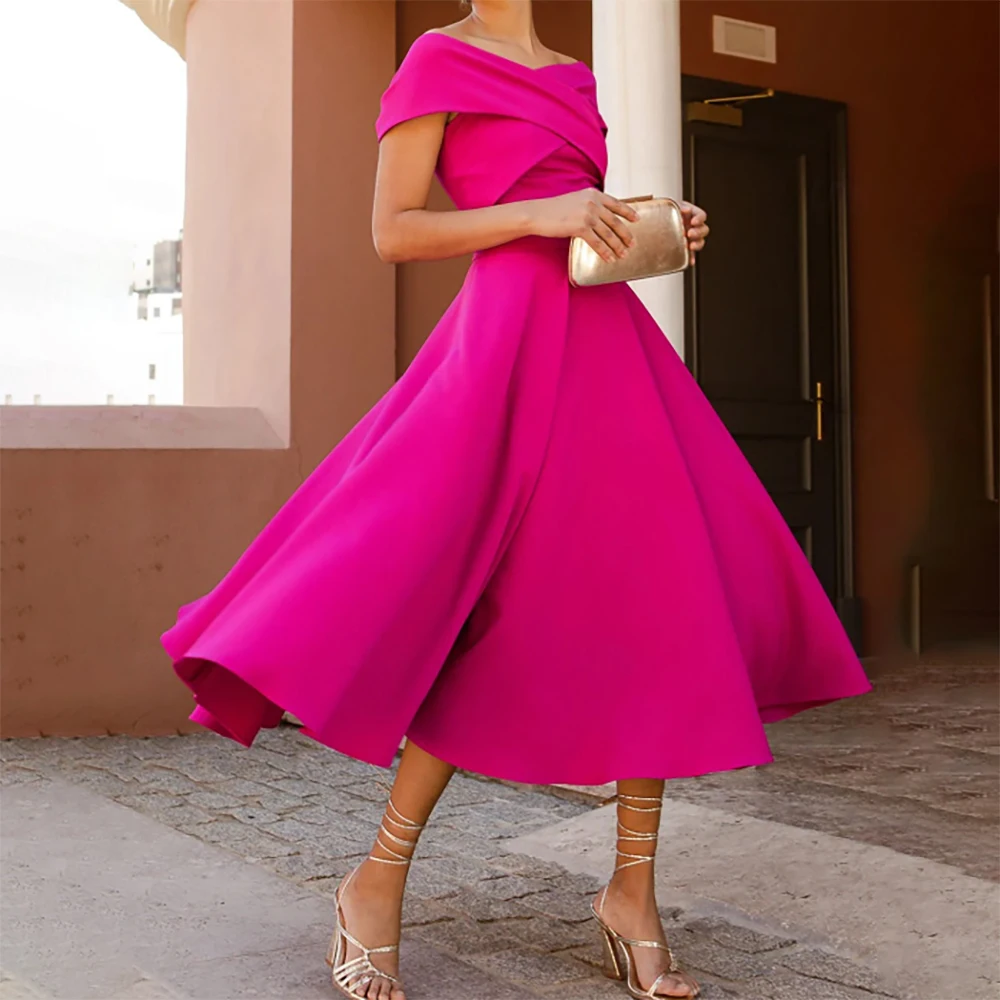 Новое вечернее платье с открытыми плечами, трапециевидное платье для выпускного вечера с короткими рукавами, плиссированное свадебное платье для гостей, вечернее коктейльное платье длиной до чая