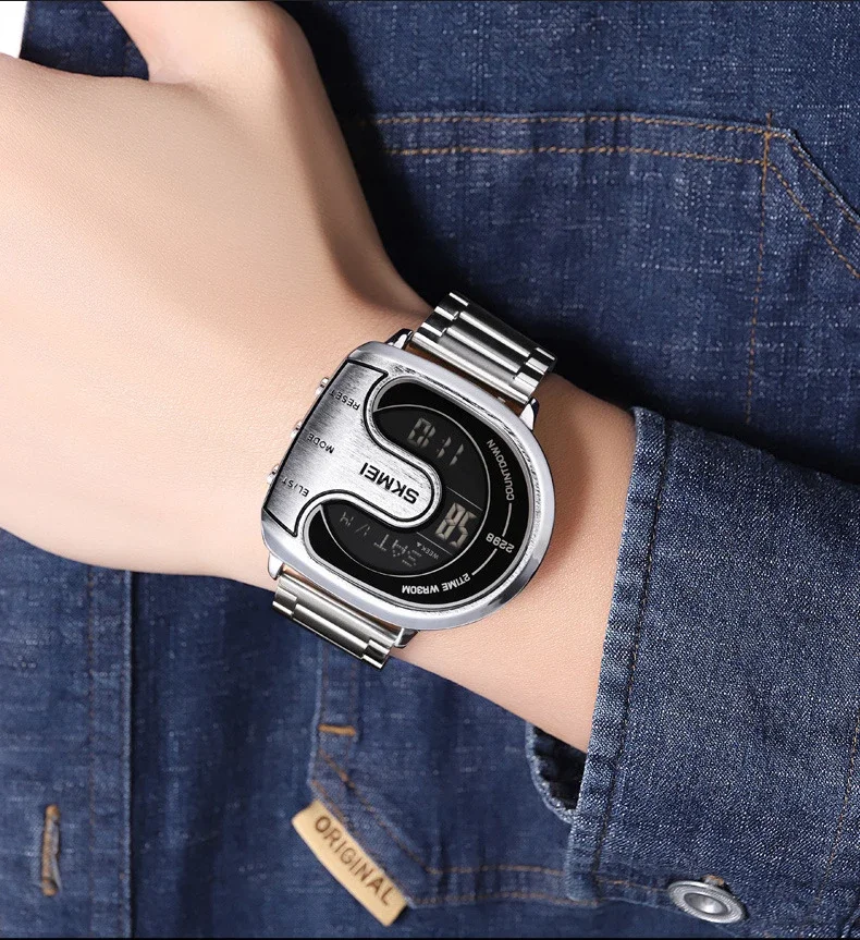 Men Digital Watch Sliver Gold Black Unusual Irregular Dial Shape Reloj Male Luxury Business Man Stainless Steel Clock Wristwatch