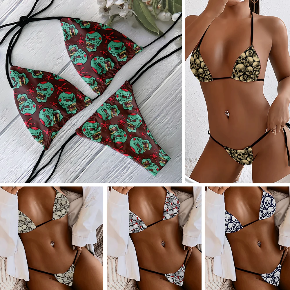 Conjunto de Bikini a la moda para mujer, traje de baño con espalda descubierta, cintura baja, estampado de Calavera, Sexy, para playa, surf,