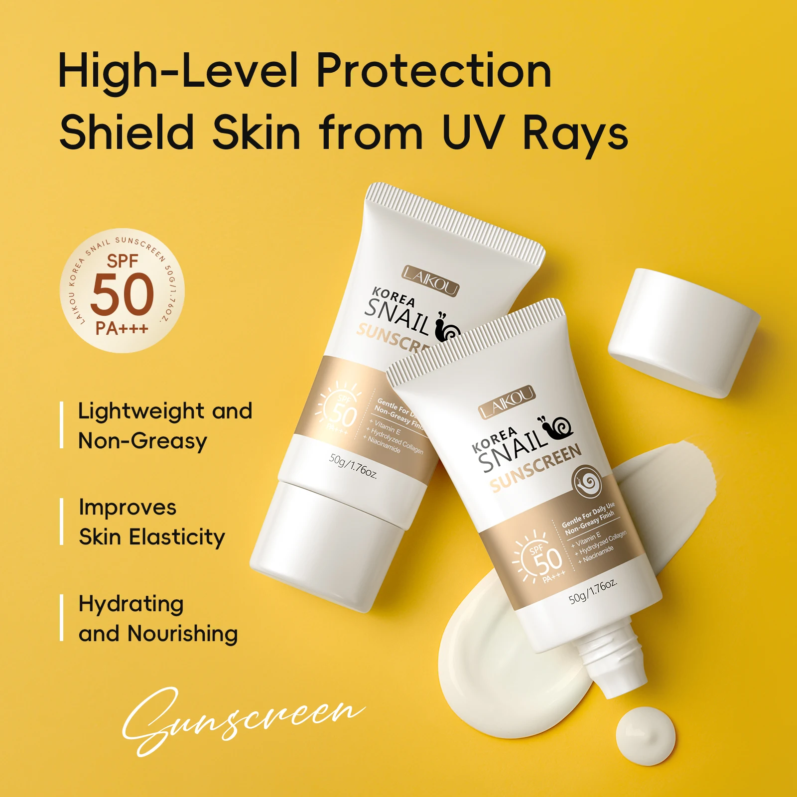LAIKOU Snail Sunscreen SPF50 PA+++ Moisturizing Age Defense Korean Beauty Product 50g