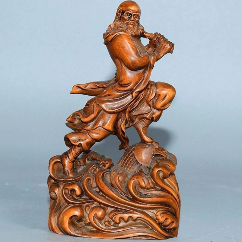 

Hand Carved Boxwood Figurine Carving Buddha Sculpture : Damo Bodhidharma Crossed the River (13X7X3.5 CM )