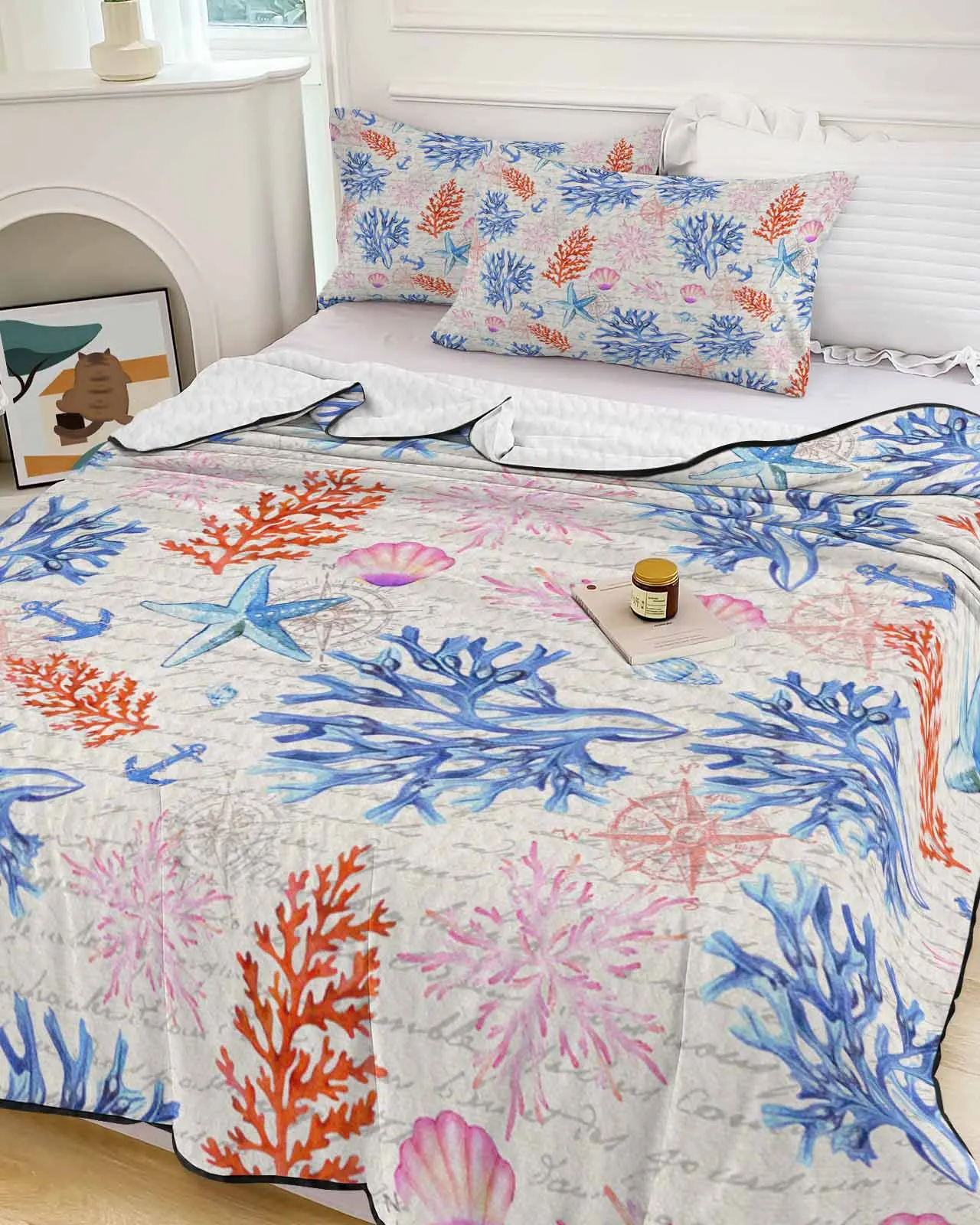 

Ocean Starfish Shells Summer Cooling Quilt Air Condition Blanket Comfortable Lightweight Bedroom Thin Quilt