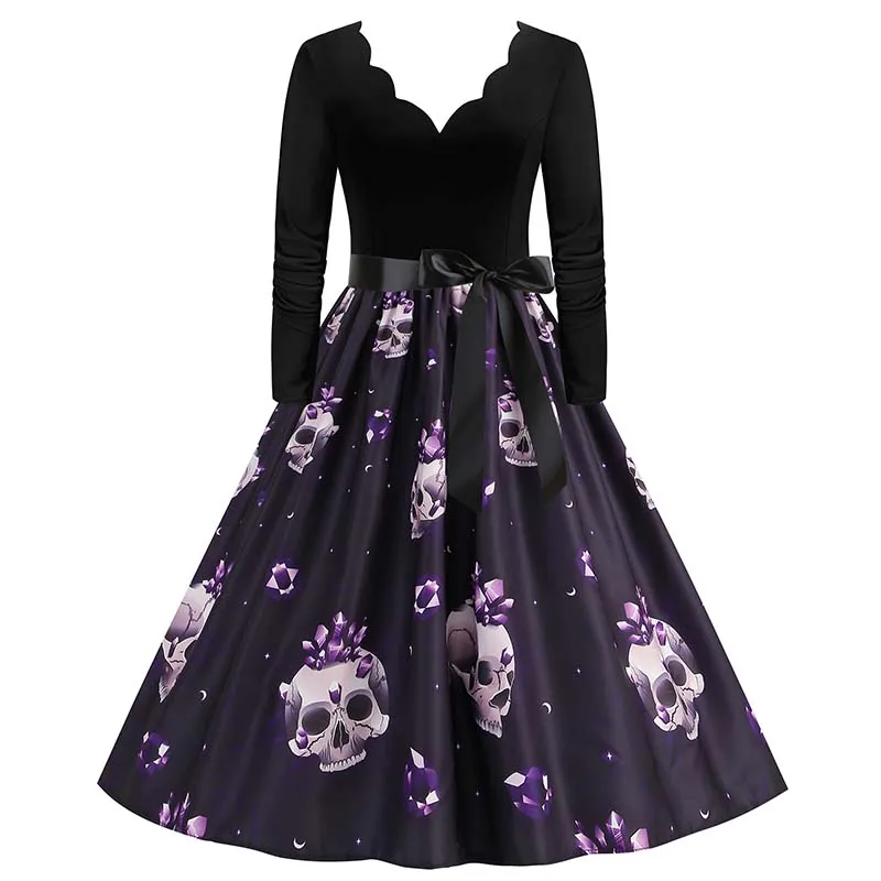 Halloween-Kleid mit Totenkopf-Aufdruck für Damen, elegant, Vintage, langärmelig, 50er-Jahre, Abendparty, Abschlussball, Kostüme, Cosplay