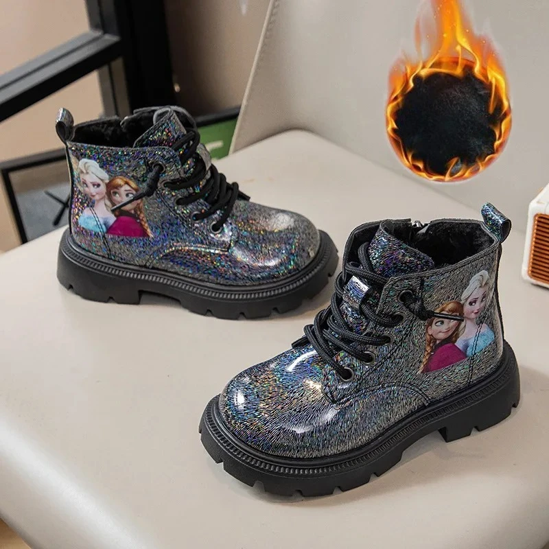 

Disney Kids' Casual Shoes Boots PU Leather Cartoon Elsa Spring Shoes For Girls Anti-slip Soft Bottom Black Pink Shoes Size 23-34