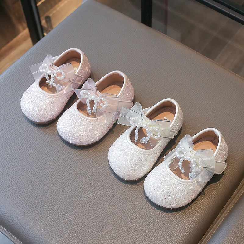 Autumn Girls Rhinestone Leather Shoes 2026 Spring Pearl Bow Princess Shoes Soft Children Baby Toddler Single Shoes 16-26