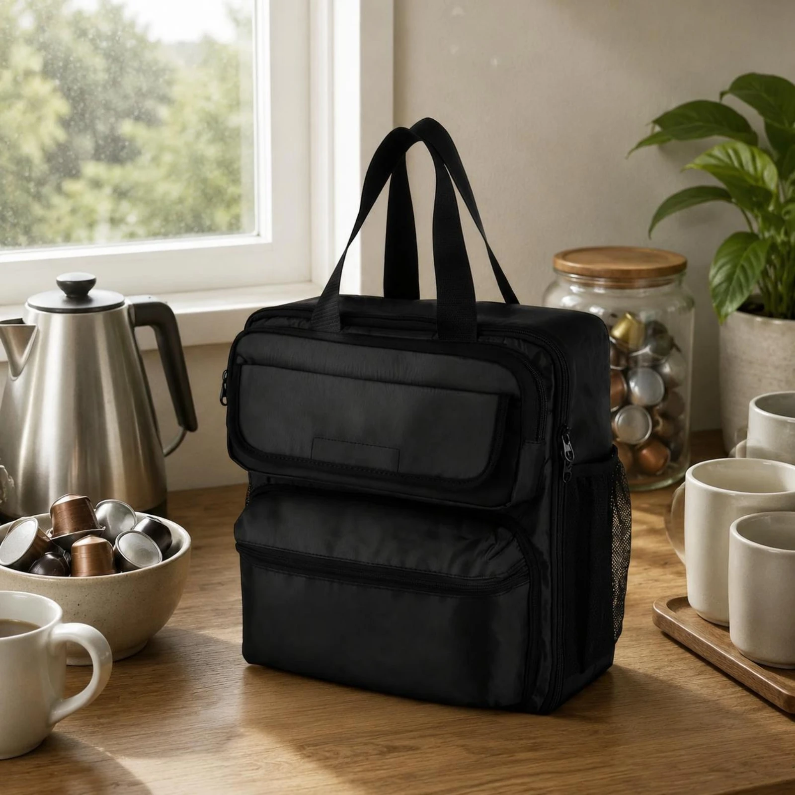 Single Serve Coffee Brewer Travel Case Double Handles Coffee Brewer Carrying Case Structured Storage Bag Oxford Cloth Black