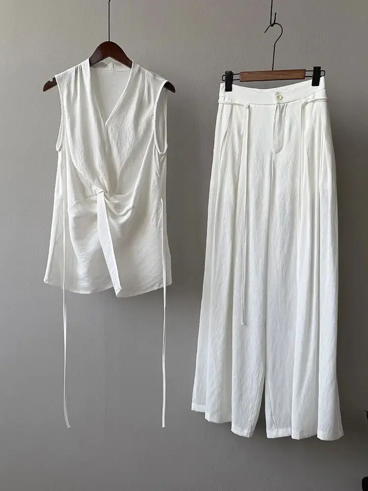 Fashion Design Twist Knot Sleeveless Shirt Set Women Summer Elegance Top+Wide Leg Floor-Length Pants 2Pcs Suit