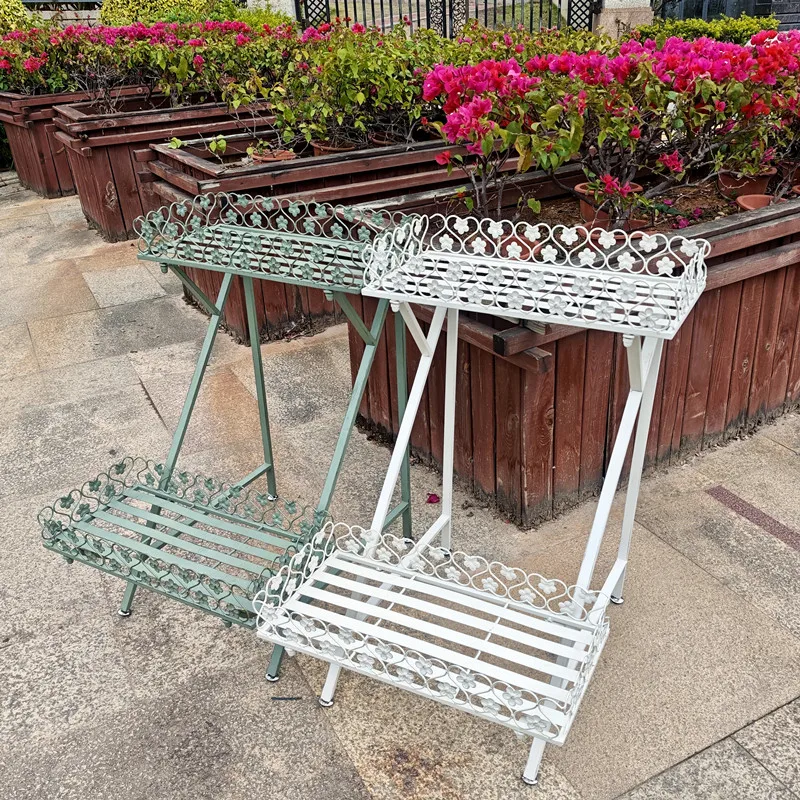 Wrought iron double-layer flower stand, italic ladder, garden groove, compartment storage basin, floor elevation, indoor and out
