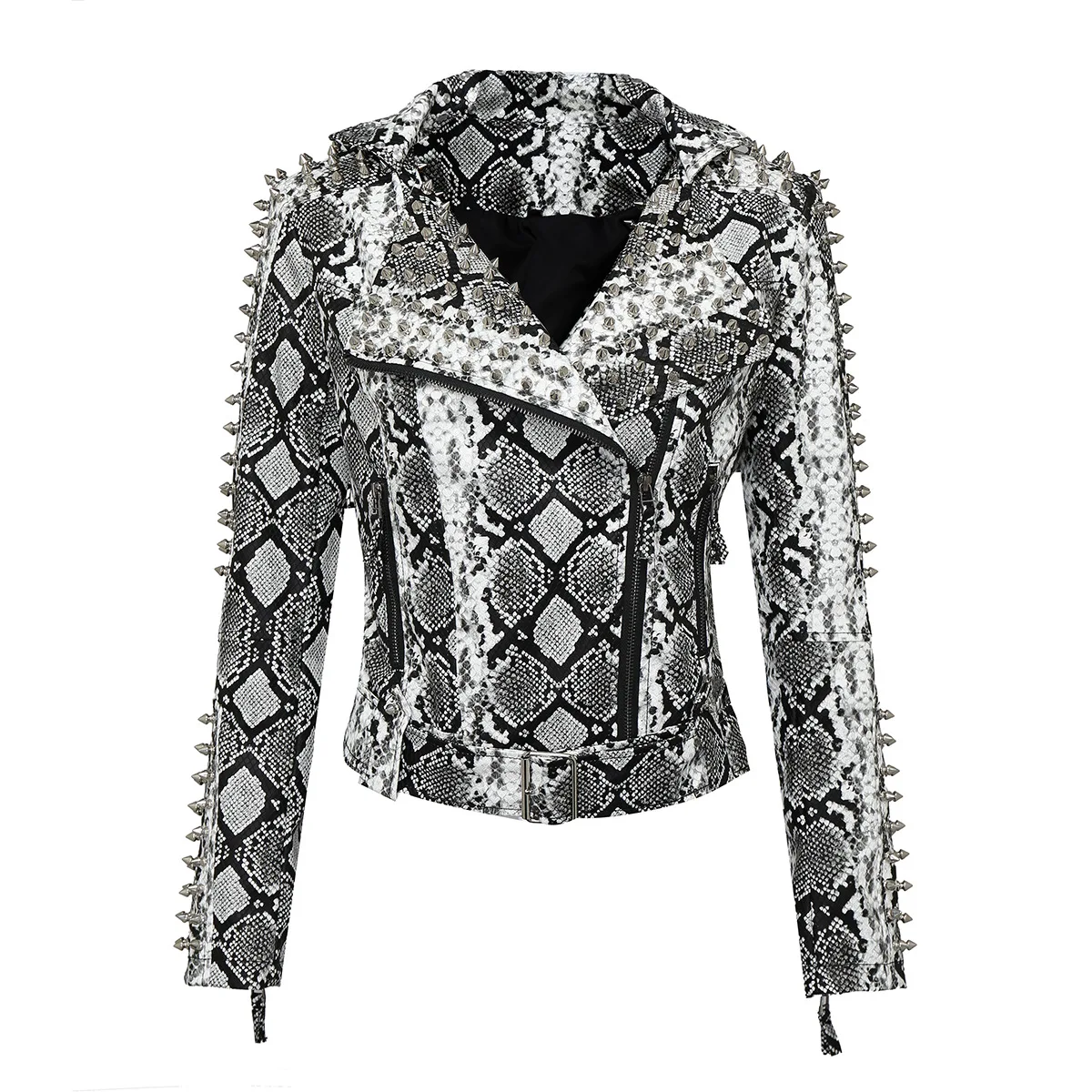 2023 S-6XL Women Punk Spike Rivet Sleeve Leather Jacket Motorcycle Biker Coat Outwear Snake Pattern New