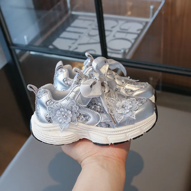 Girls Sneakers Spring Autumn Kids Fashion Brand Sports Running Trainers Toddler Children Shoes Flower Glitter Flats Soft Sole