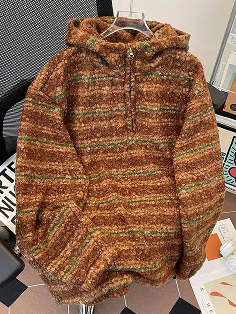 

Y2K толстовки в полоску из искусственной шерсти, женские свободные винтажные толстовки в стиле хип-хоп, американский пуловер, винтажная уличная одежда, верхняя одежда в стиле Харадзюку с длинными рукавами