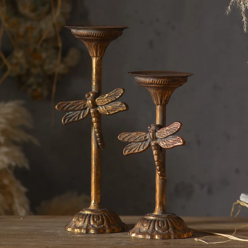 American Retro Wrought Iron Dragonfly Candlestick Home Decoration Romantic Candlelight Dinner Tabletop Ornament Shooting Props