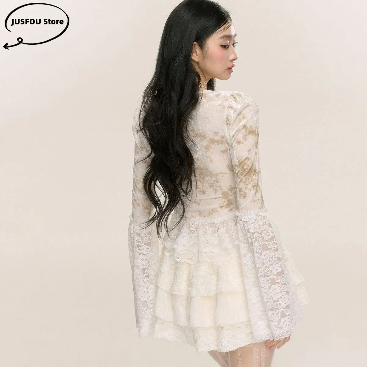 Summer Sweet Girl Two Piece Set French Lace Sexy Bow Flare Long Sleeve Slimming V-Neck Top Cake Mini Skirt Set Women Outfits
