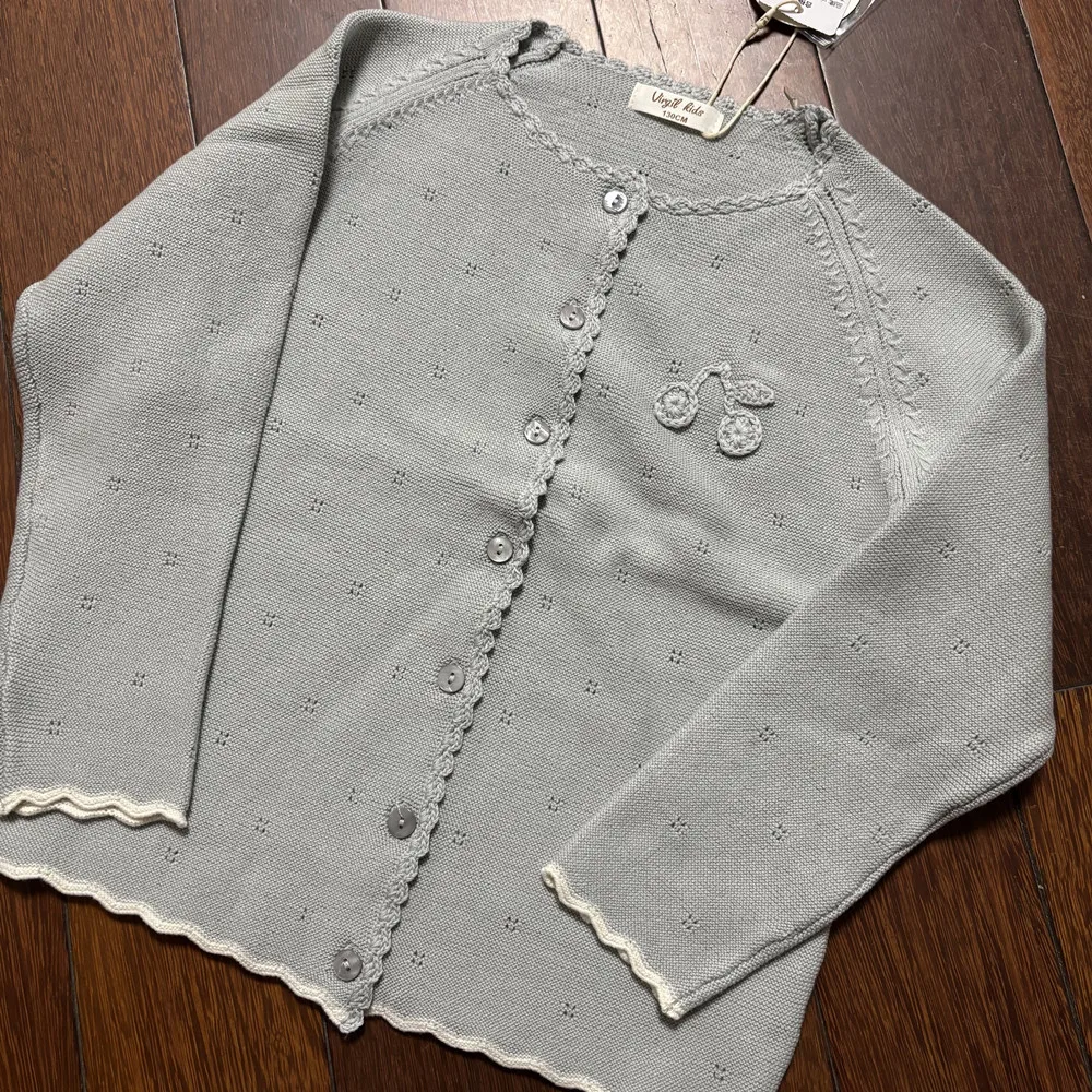 baby girl clothes kids coat Handmade crochet cherry patterned knitted cardigan Grey blue girls' knitted cardigan