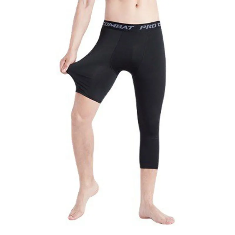 Mens gym taining calças de perna única calças de comprimento 3/4 compressão jogging de cinco pontos preto branco esportes meia-calça