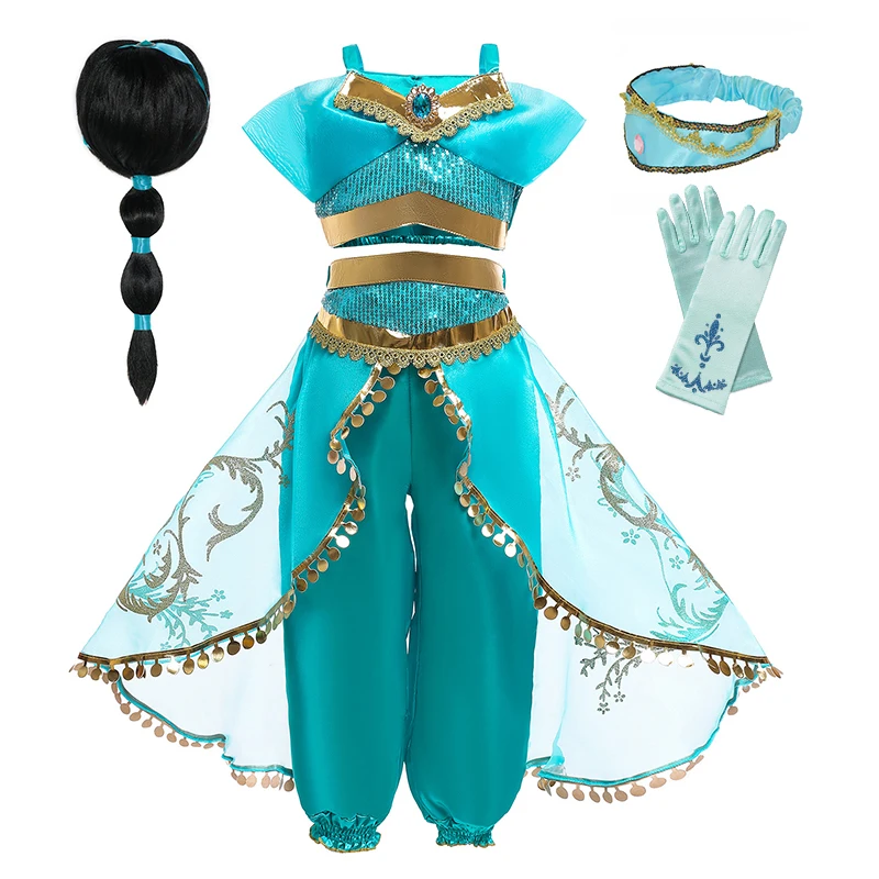 Girls Cosplay Jasmine Costume Aladdin Princess Dress Kids Magic Lamp Fancy Birthday Party Dresses Jasmine Clothes 2-10Yrs