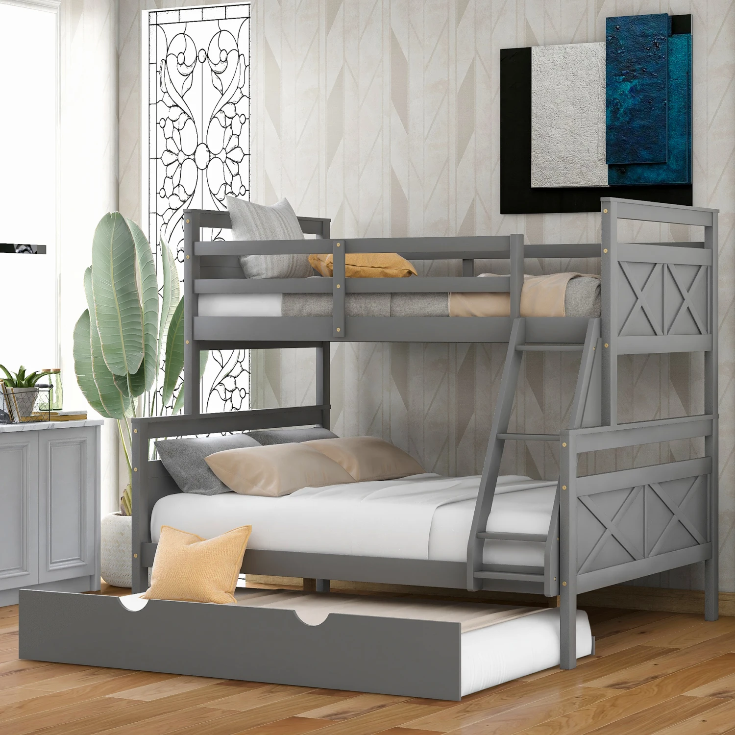 

Twin over Full Bunk Bed with Ladder, Twin Size Trundle, Safety Guardrail, Gray