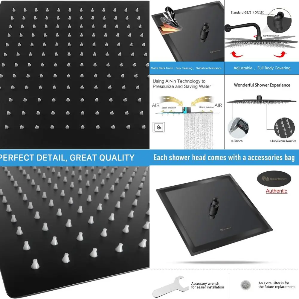 Cabezal de ducha cuadrado de alto flujo negro mate de 12 pulgadas con rociador corporal en cascada, montaje en techo o pared