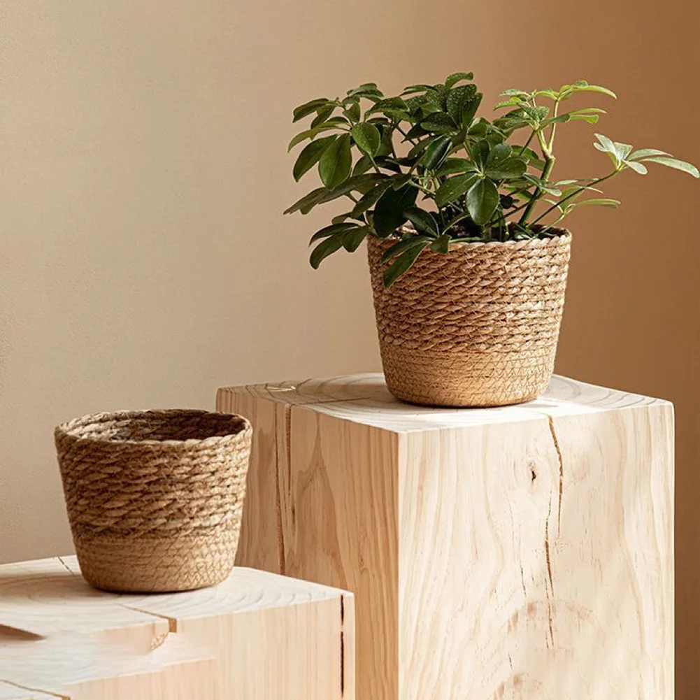 Straw Weaving Flower Plant Pot  Rattan Flowerpot Storage Basket Handwoven Straw Plant Basket With Leak-Proof Liner Home Decor