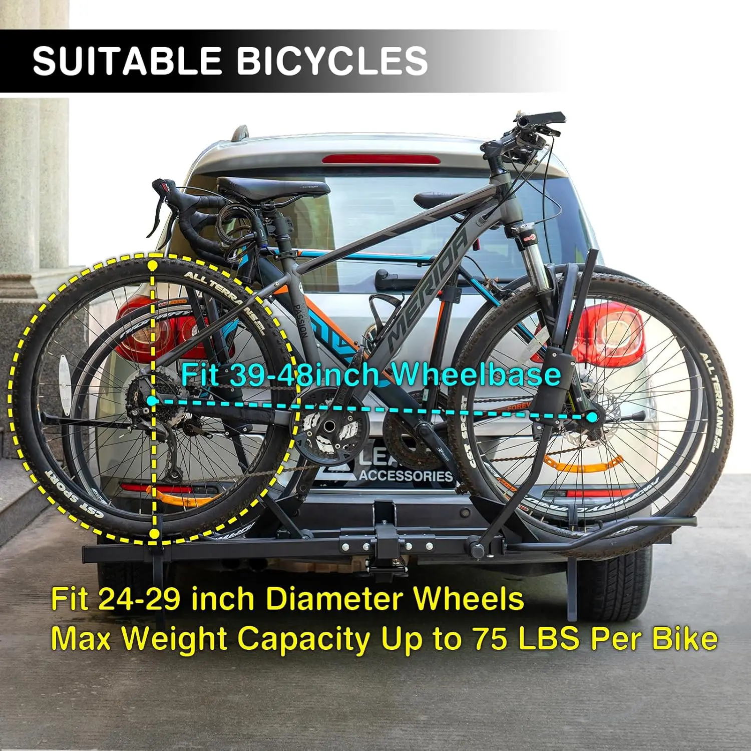 Estante de bicicleta de enganche de 2 ", transporte de 2 bicicletas de hasta 75 libras cada una para bicicletas estándar, neumáticos anchos y eléctricas, servicio pesado, plegable