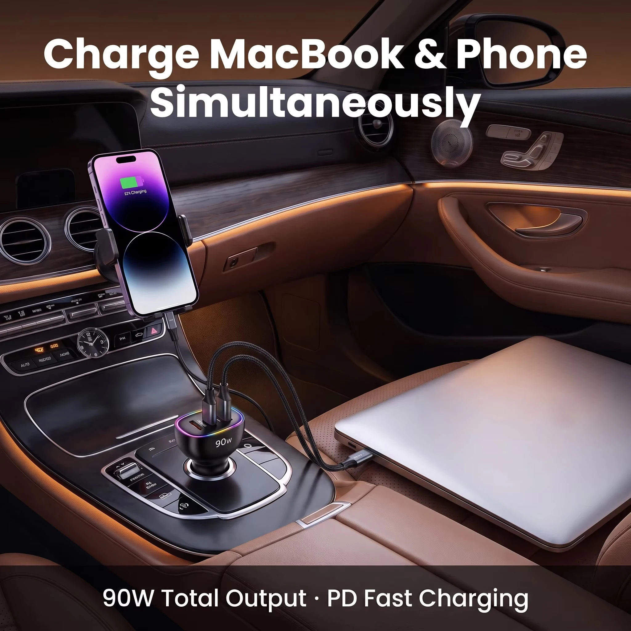 90W USB-C Auto-Ladegerät mit Mehrfachanschlüssen, Dual PD 30W Superschnelles Ladeadapter für iPhone 17 16 15, MacBook, Samsung und Android-Telefone – Detail 3