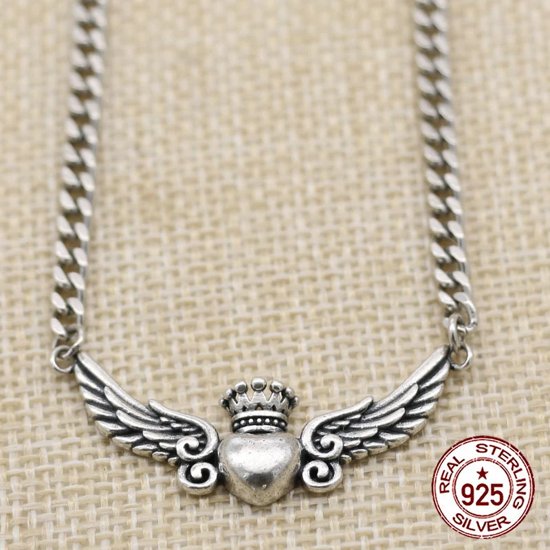 

S925 Sterling Silver Necklace Fashion Heart Angel Wings Wings Crown Pendant Fresh Short Fashion Jewelry