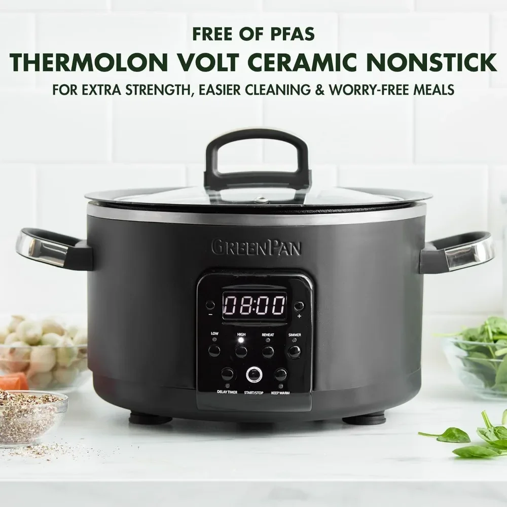 Bistro Noir 4QT  Slow Cooker with Lid, 6-in-1 Multifunction Heating Presets, Hard Anodized PFAS-Free Removeable Inner