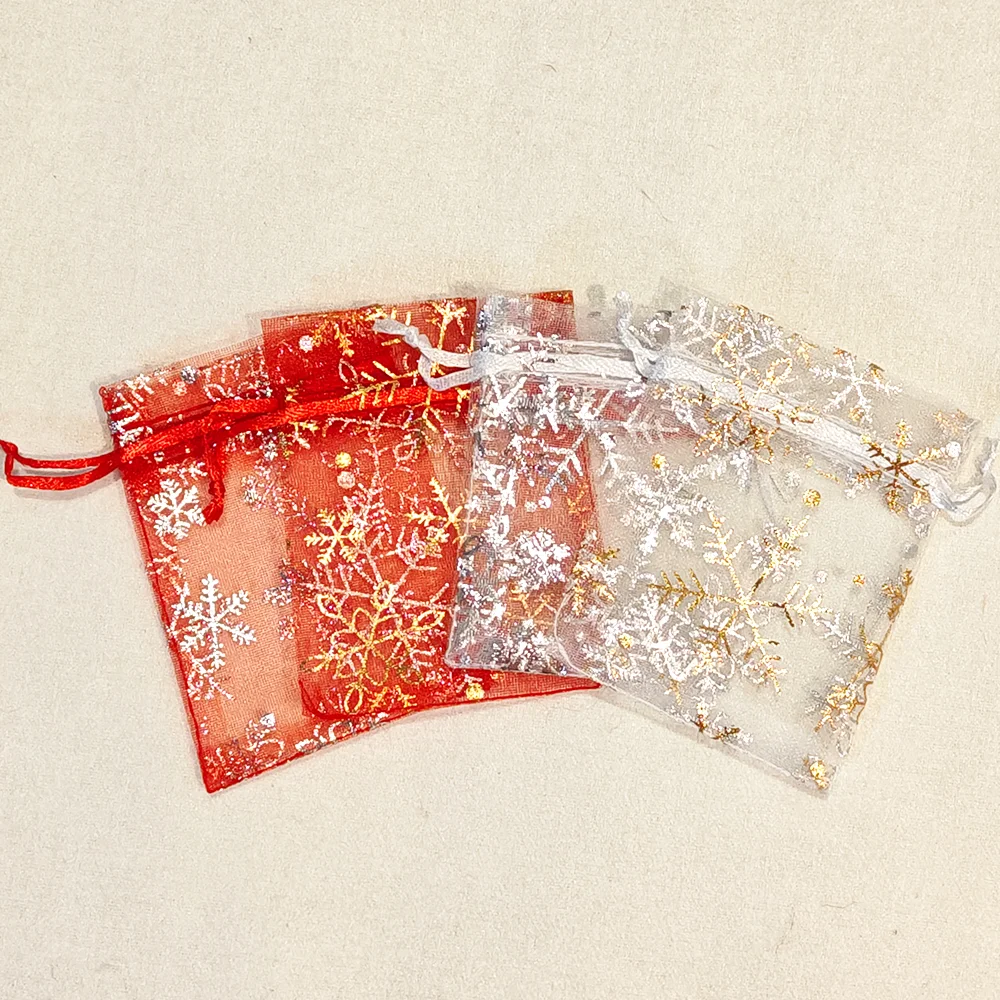 50pcs/lot 9X12cm Classical 4 Colors Snowflake Print Organza Gift Bags Wedding Candy Christmas Gift Jewelry Packing Pouches