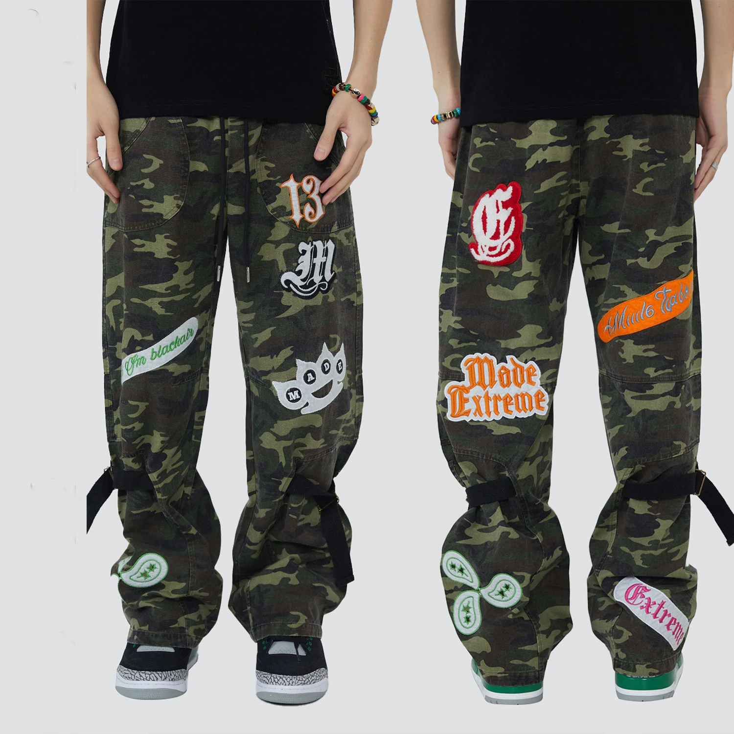 High Street Men's Camouflage Loose Wide-leg Trousers Retro Patch Embroidery Hip Hop Cargo Pants