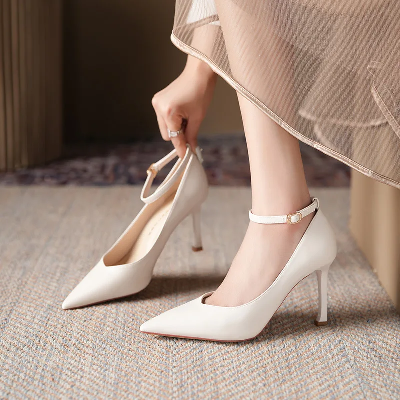 

Women's Black/White Ankle Strap Pointed Toe Stiletto Heels Elegant Pumps for Office Wedding Party Q-014