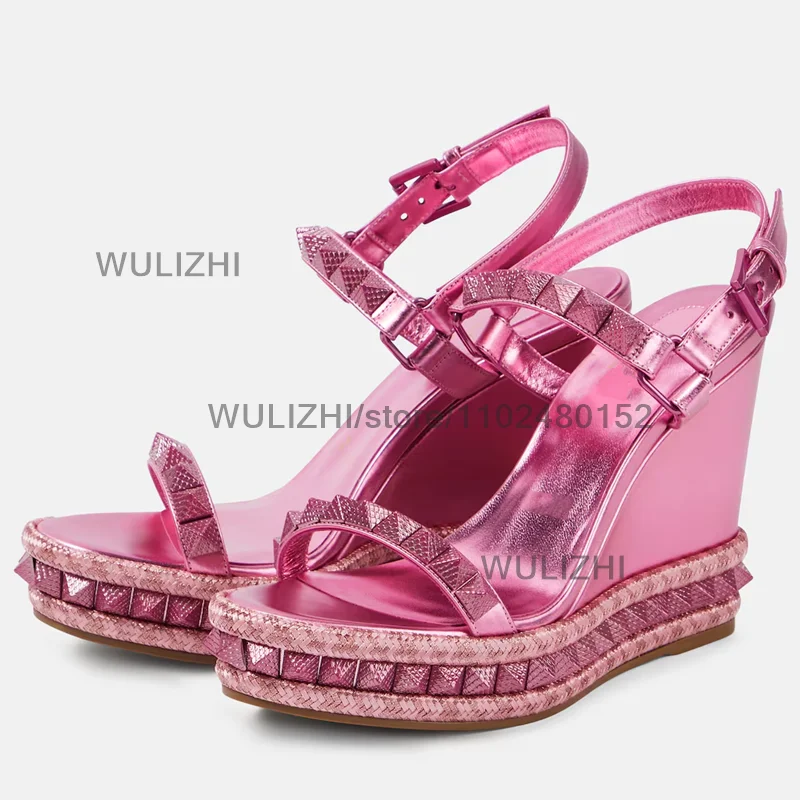 Patent Leather Rose Red Platform Wedge Heels Women Open Rivet Beaded Sandal Bright Shiny Purple Heels Slingback Girls Party Shoe