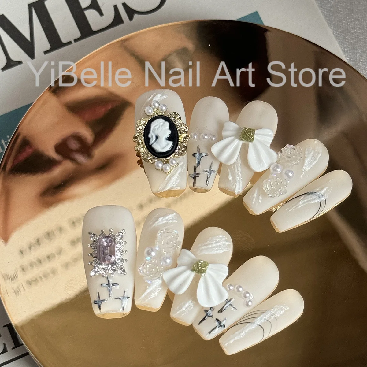 Juego de 10 piezas de uñas postizas hechas a mano de mariposa blanca, decoración de Ballet larga, perlas, manicura usable, puntas de uñas falsas