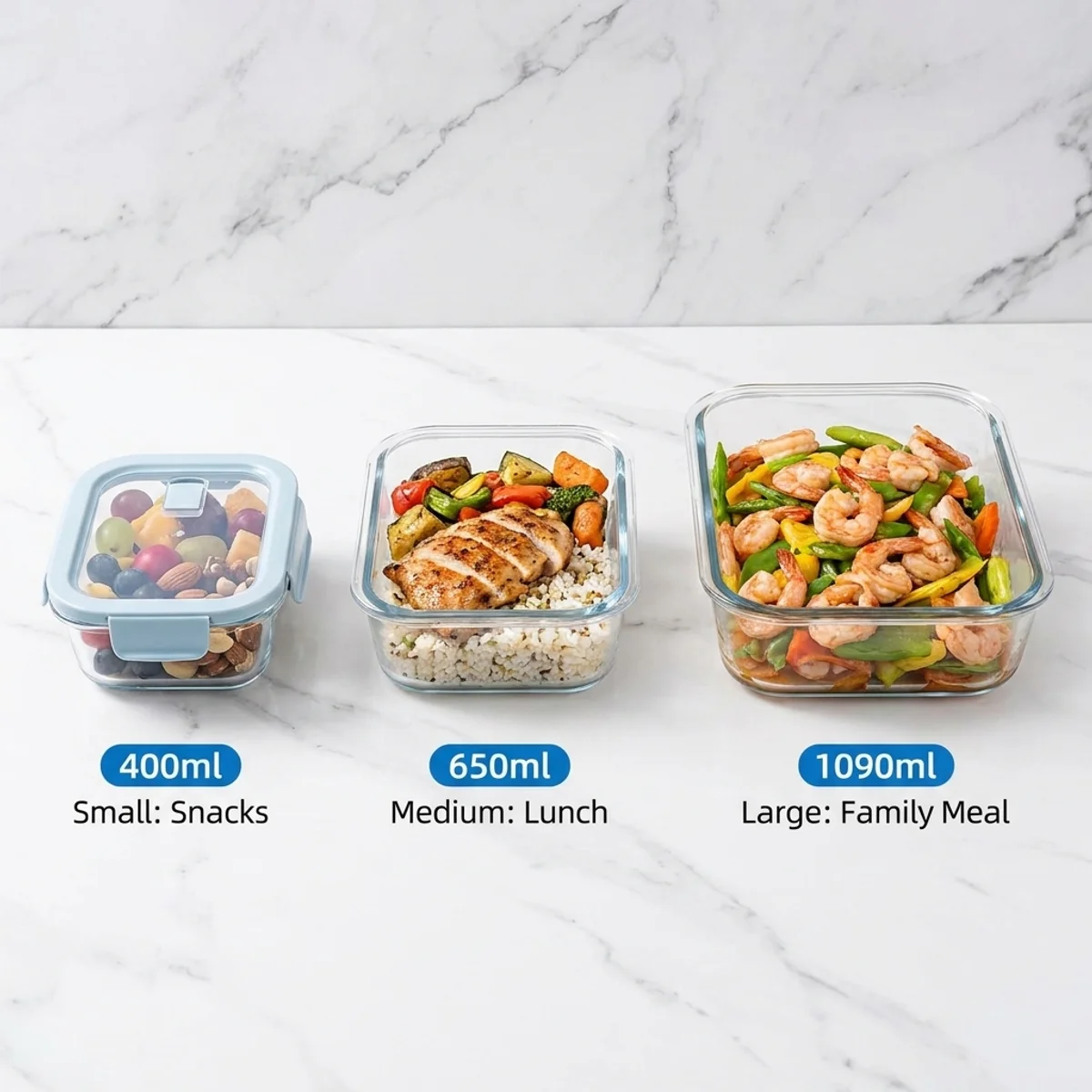 Shallow Blue Glass Bento Box–High Transparency & Stain-Resistant,Odor-Proof Airtight Seal,Dishwasher&Microwave Safe for Daily