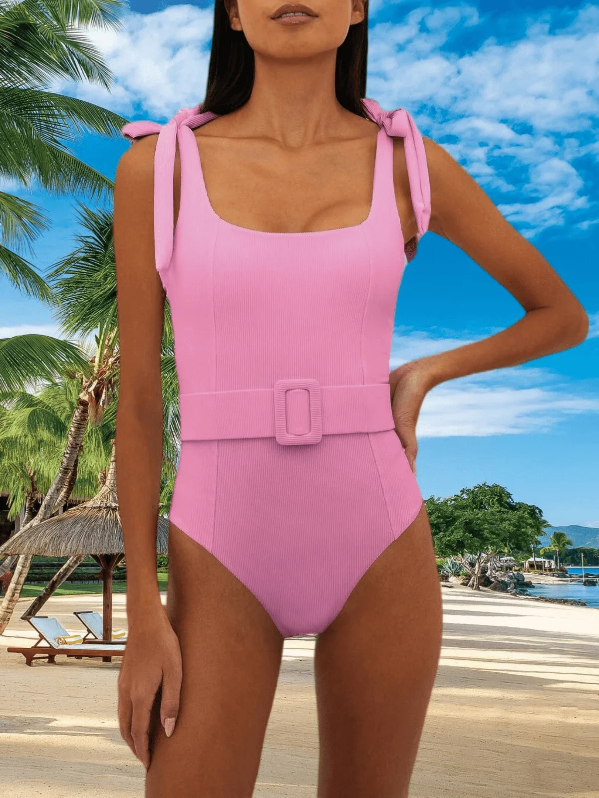 

Женский слитный купальник с высоким вырезом, квадратным вырезом на шее, завязками и поясом