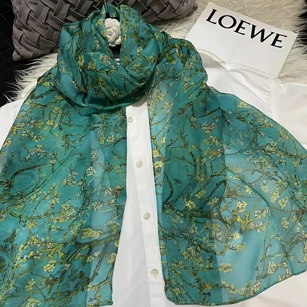 [BYSIFA] 100% Silk Chiffon Scarf Female Brand Apricot Floral Design Long Scarves Beach Shawls Fall Winter Women Neck Scarves