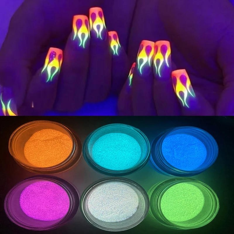 6PCS/SET Luminous Nail Glitter Powder Glow In The Dark Green Orange Neon Pigment Dust Fluorescence Luminescent Manicure Decor *&