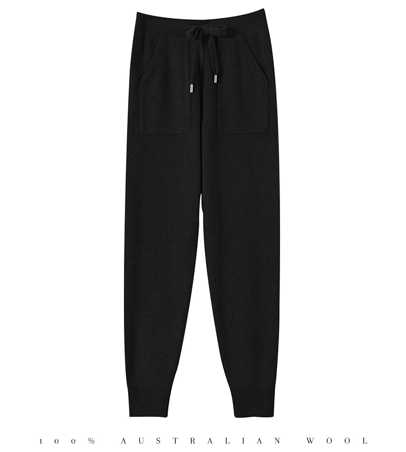 Women's Knitted 100% Wool Pants with Double Pockets and Elastic Waistband for Autumn and Winter, High Stretch Sports Style Pants